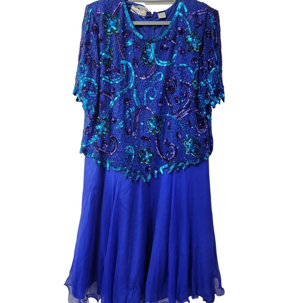 Vintage Laurence Kazar Beaded Sequin Silk Chiffon Cocktail Dress‎ Blue Plus 3X